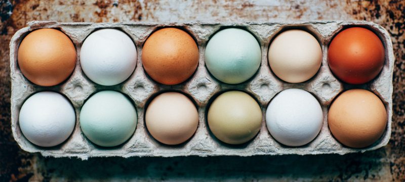 A carton of multi colored farm eggs