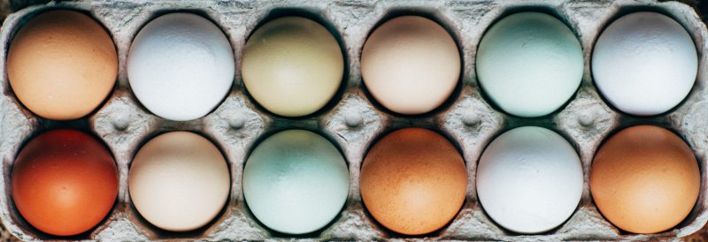 A dozen colorful eggs in a carton