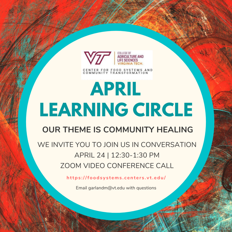 Red image with white circle overlain, within which there is an invitation to the April learning circle (details below)