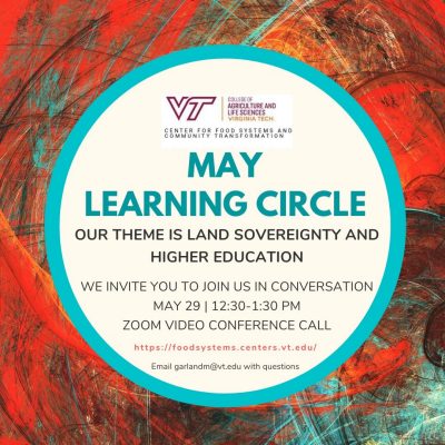 Red image with white circle overlain, within which there is an invitation to the May learning circle (details below)