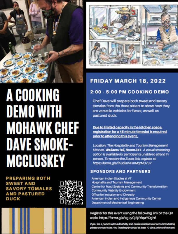 Flyer for the event (information captured below) with photos of Chef Dave plating food and a doodle of Chef Dave cooking,