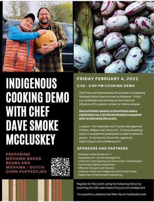 Flyer for the event (information captured below) with photos of Chef Dave and friend holding a pumpkin, and some white beans with pink stripes