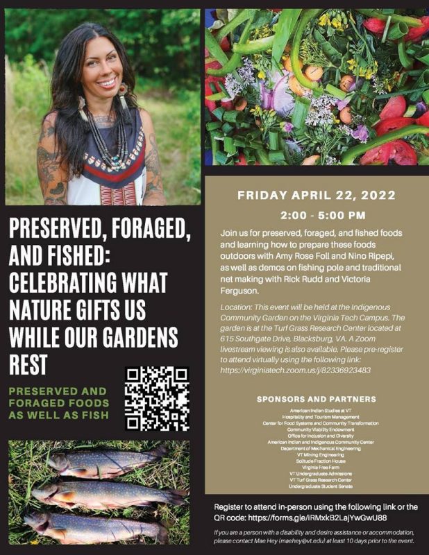 Flyer for the event (information captured below) with photos of Amyrose Foll, vegetables and herbs, and two fish